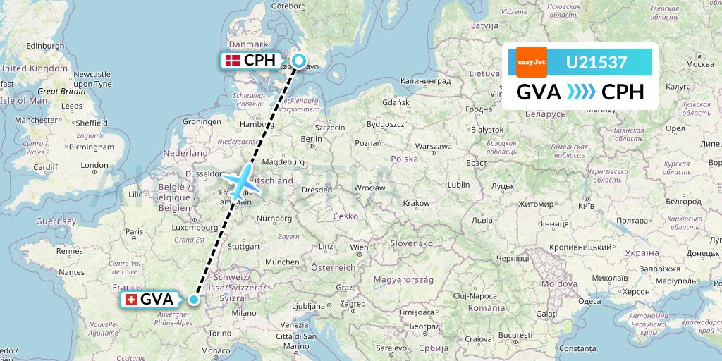 U21537 EasyJet Flight Map: Geneva to Copenhagen