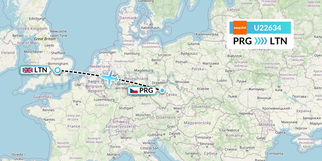 U22634 EasyJet Flight Map: Prague to London