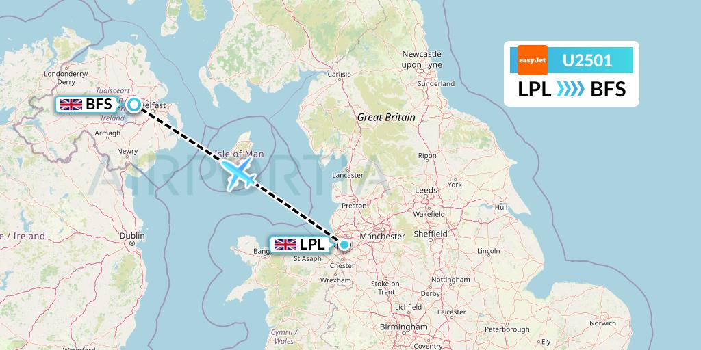 U2501 EasyJet Flight Map: Liverpool to Belfast