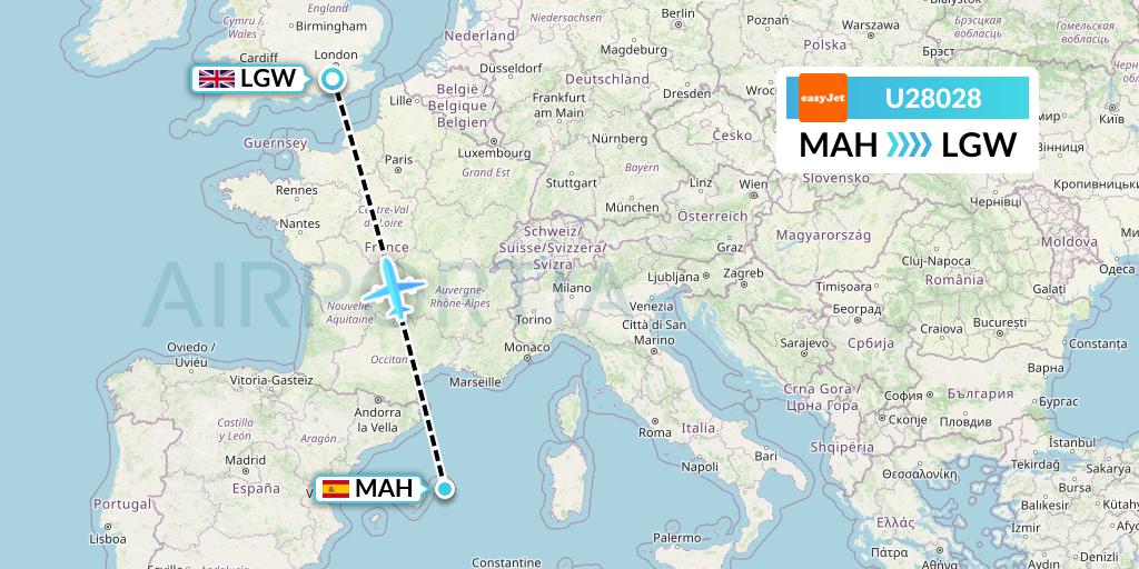 U28028 EasyJet Flight Map: Mahon to London