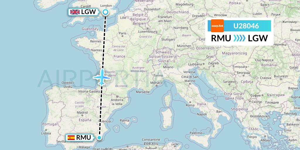 U28046 EasyJet Flight Map: Murcia to London