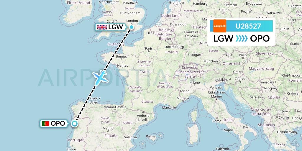 U28527 EasyJet Flight Map: London to Porto