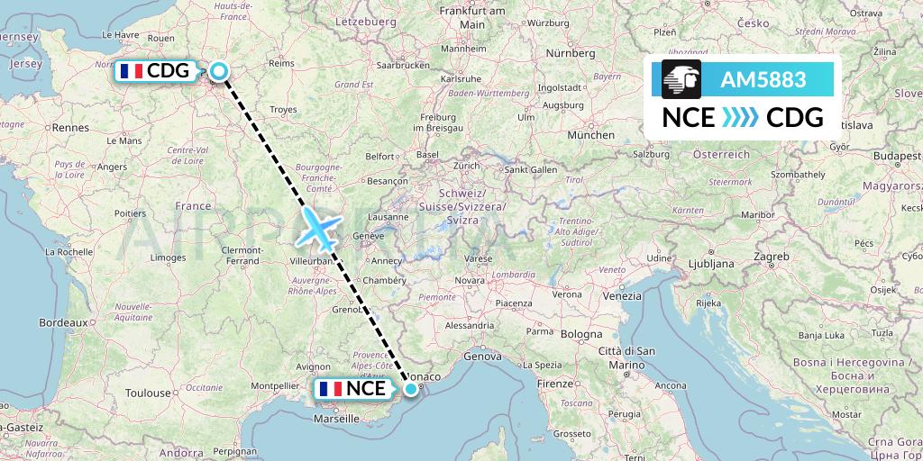 AM5883 Aeromexico Flight Map: Nice to Paris