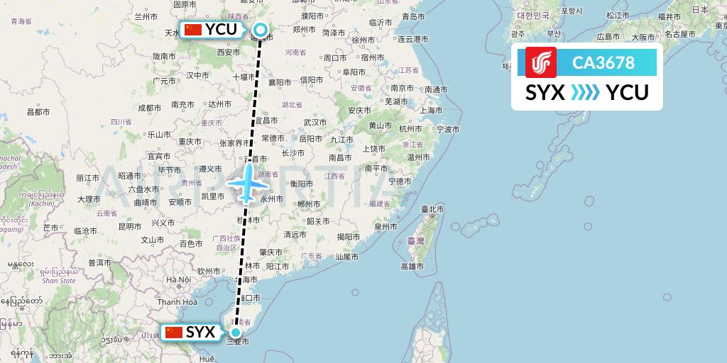 CA3678 Air China Flight Map: Sanya to Yuncheng