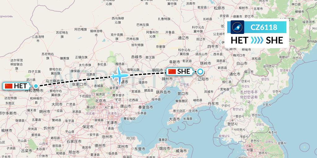 CZ6118 China Southern Airlines Flight Map: Hohhot to Shenyang