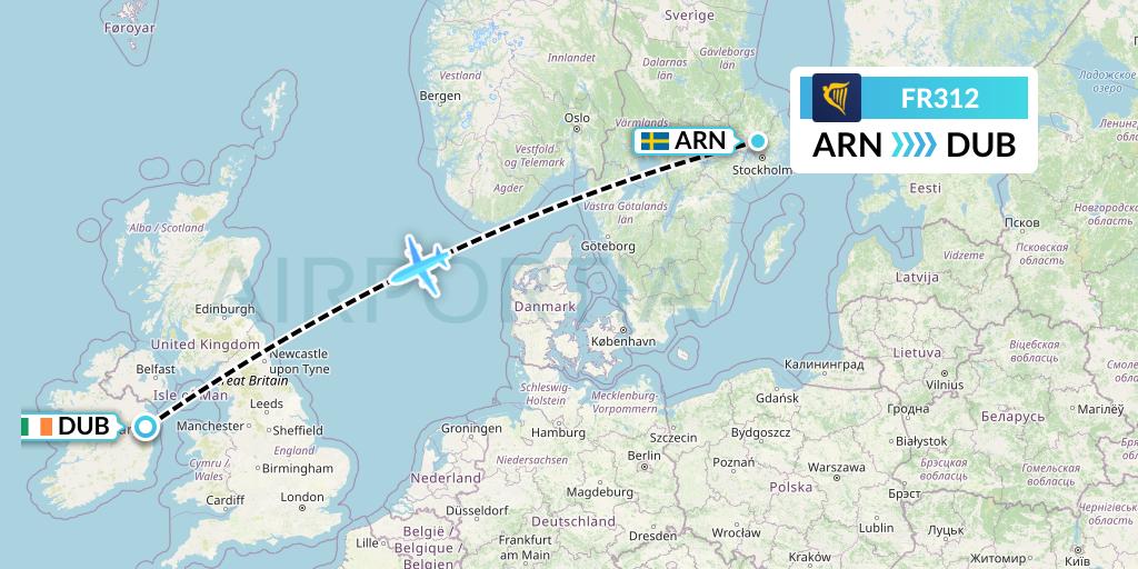 FR312 Ryanair Flight Map: Stockholm to Dublin