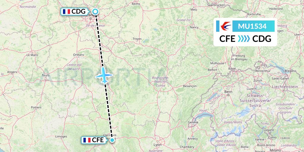 MU1534 China Eastern Airlines Flight Map: Clermont-Ferrand to Paris