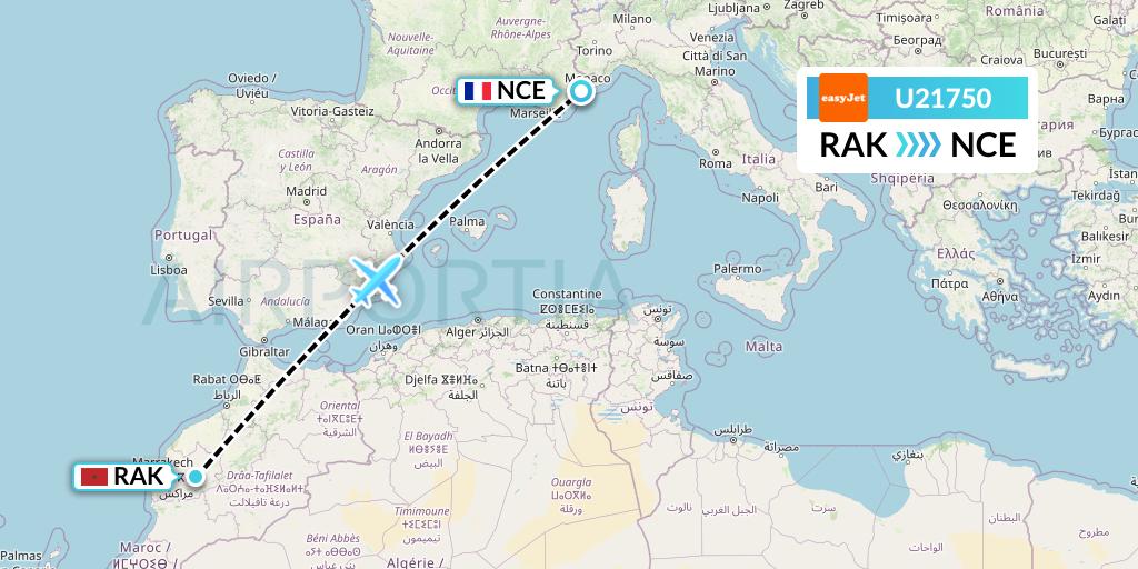 U21750 EasyJet Flight Map: Marrakesh to Nice