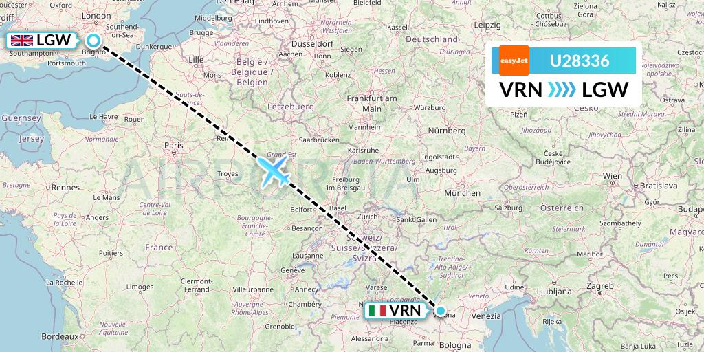 U28336 EasyJet Flight Map: Verona to London