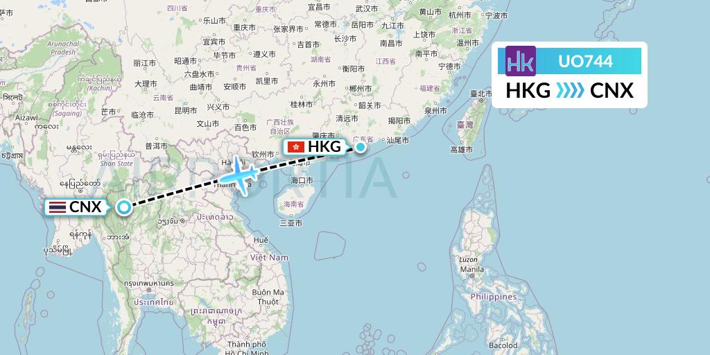 UO744 Hong Kong Express Flight Map: Hong Kong to Chiang Mai