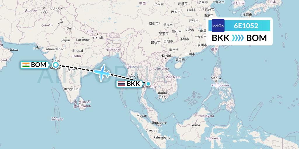 6E1052 IndiGo Airlines Flight Map: Bangkok to Mumbai