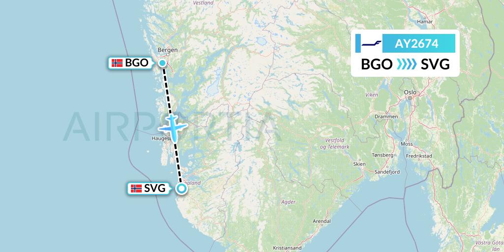 AY2674 Finnair Flight Map: Bergen to Stavanger
