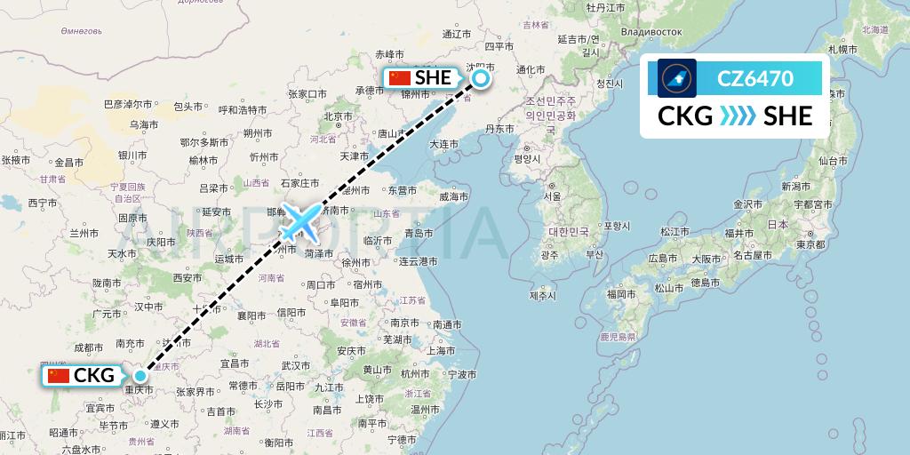 CZ6470 China Southern Airlines Flight Map: Chongqing to Shenyang