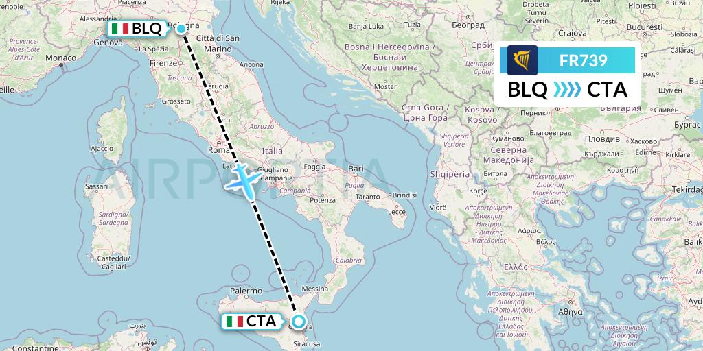 FR739 Ryanair Flight Map: Bologna to Catania