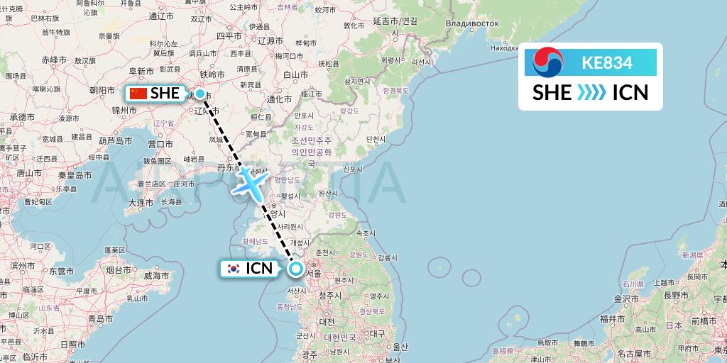 KE834 Korean Air Flight Map: Shenyang to Seoul