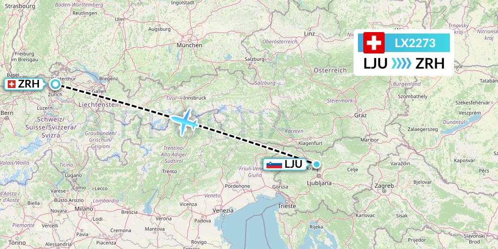 LX2273 Swiss Flight Map: Ljubljana to Zurich