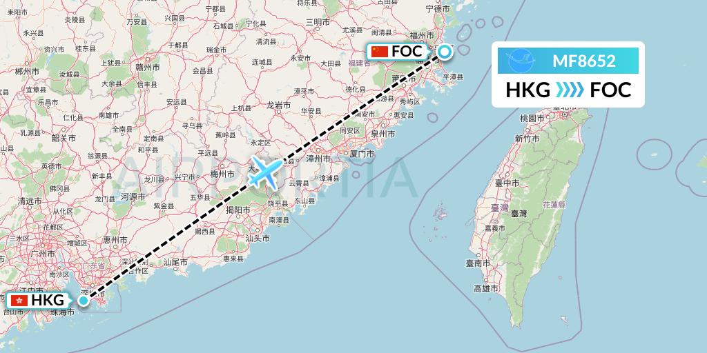 MF8652 Xiamen Airlines Flight Map: Hong Kong to Fuzhou