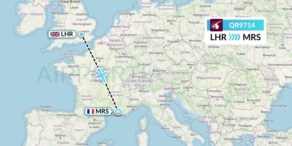 QR9714 Qatar Airways Flight Map: London to Marseille