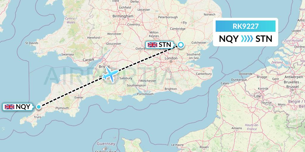 RK9227 Ryanair UK Flight Map: Newquay to London