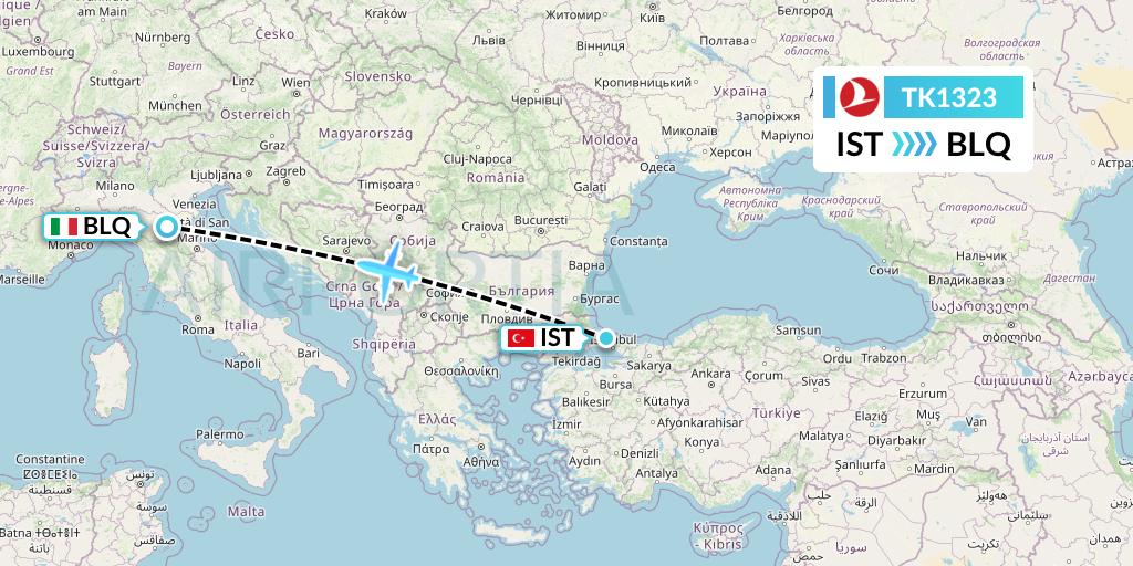 TK1323 Turkish Airlines Flight Map: Istanbul to Bologna