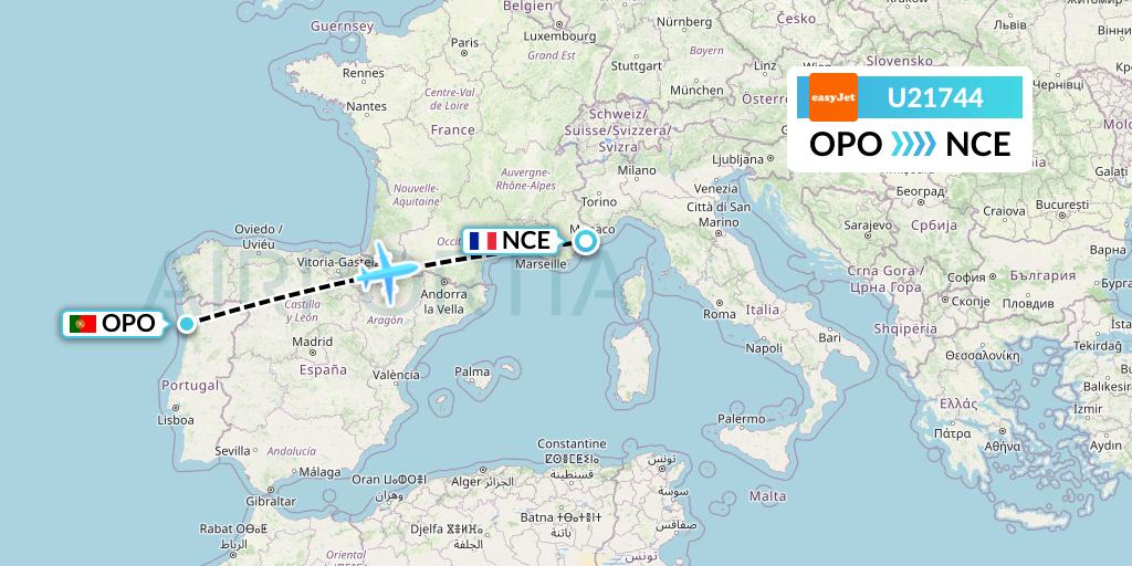 U21744 EasyJet Flight Map: Porto to Nice