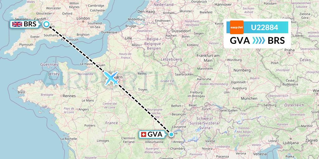 U22884 EasyJet Flight Map: Geneva to Bristol