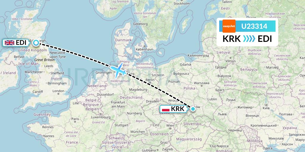 U23314 EasyJet Flight Map: Krakow to Edinburgh