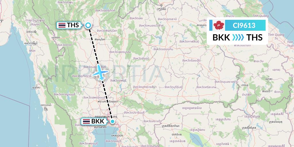 CI9613 China Airlines Flight Map: Bangkok to Sukhothai
