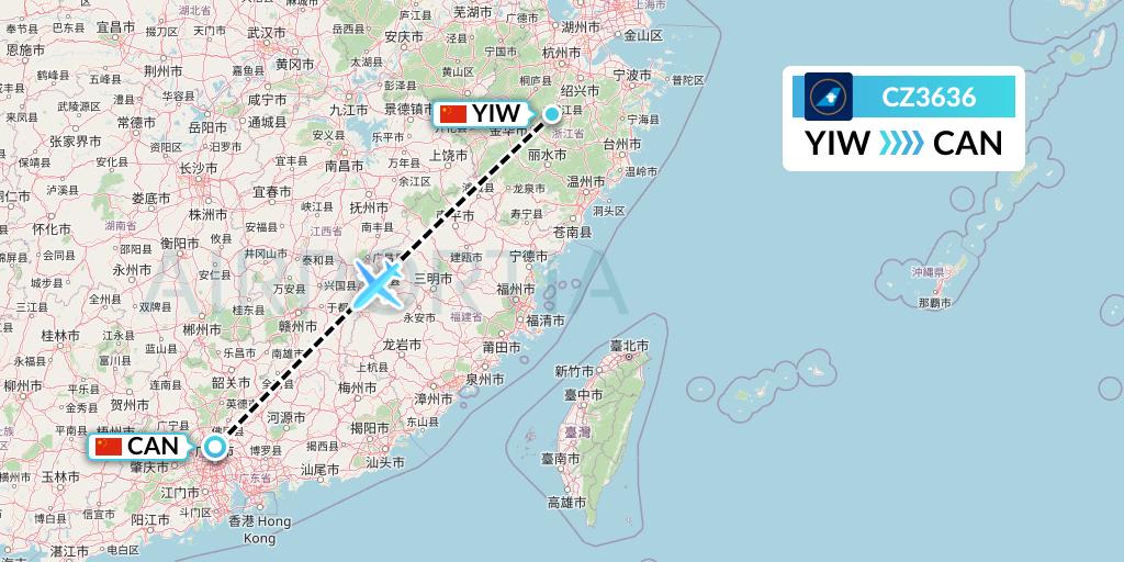 CZ3636 China Southern Airlines Flight Map: Yiwu to Guangzhou