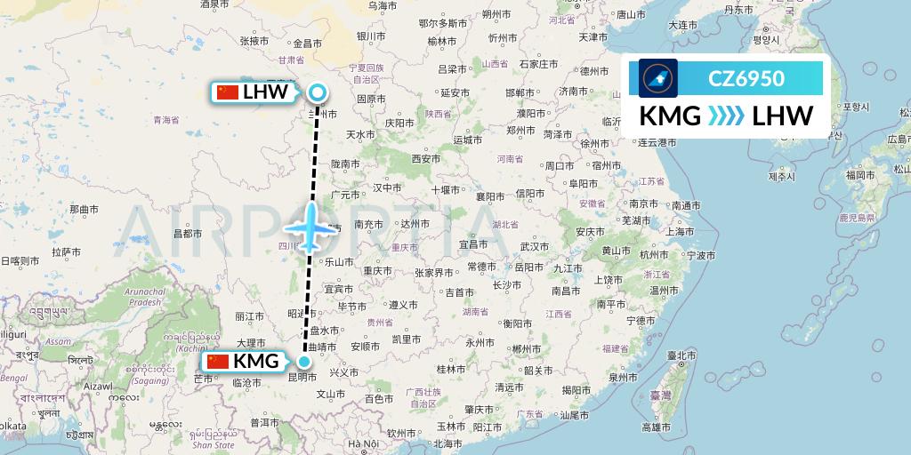 CZ6950 China Southern Airlines Flight Map: Kunming to Lanzhou