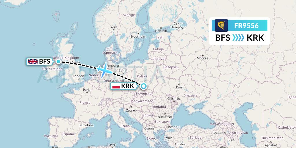 FR9556 Ryanair Flight Map: Belfast to Krakow