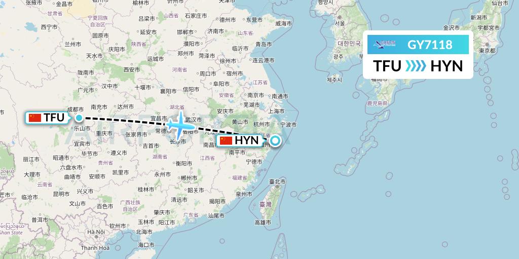 GY7118 Colorful GuiZhou Airlines Flight Map: Chengdu to Huangyan