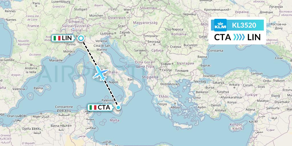 KL3520 KLM Flight Map: Catania to Milan