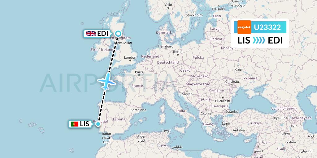 U23322 EasyJet Flight Map: Lisbon to Edinburgh