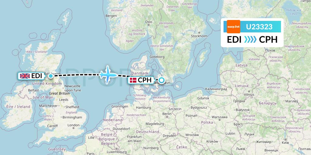 U23323 EasyJet Flight Map: Edinburgh to Copenhagen