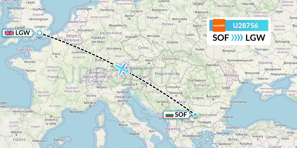 U28756 EasyJet Flight Map: Sofia to London