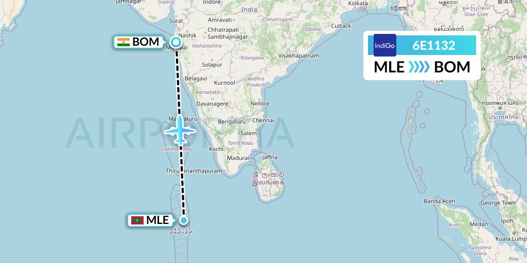 6E1132 IndiGo Airlines Flight Map: Male to Mumbai