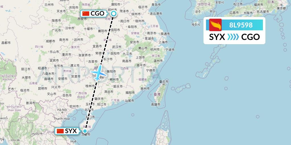 8L9598 Lucky Air Flight Map: Sanya to Zhengzhou