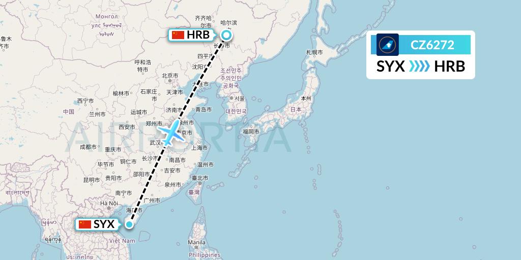 CZ6272 China Southern Airlines Flight Map: Sanya to Harbin