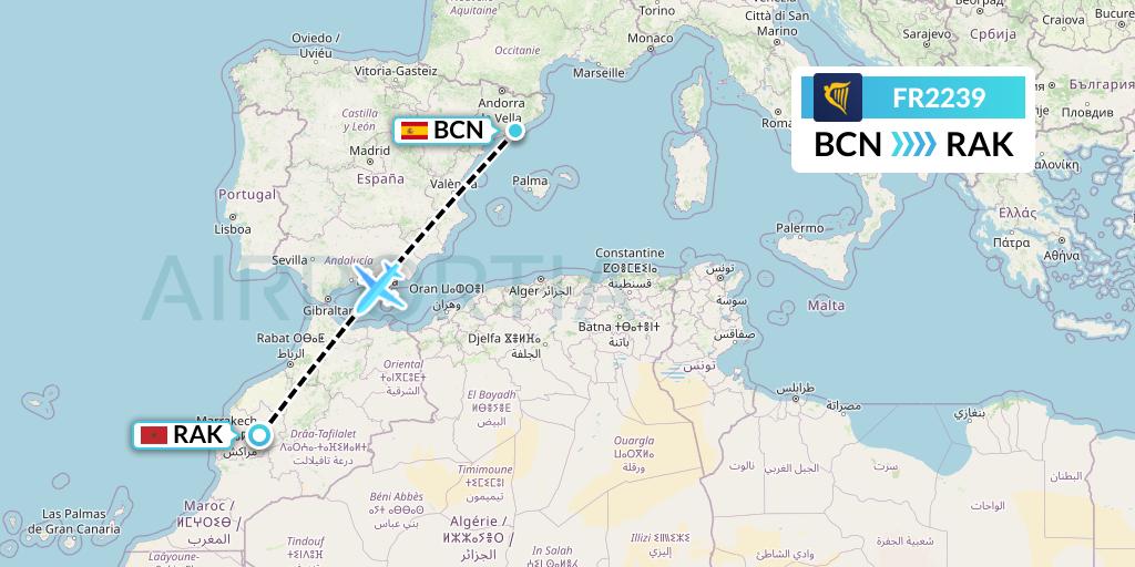 FR2239 Ryanair Flight Map: Barcelona to Marrakesh