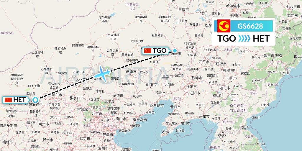 GS6628 Tianjin Airlines Flight Map: Tongliao to Hohhot