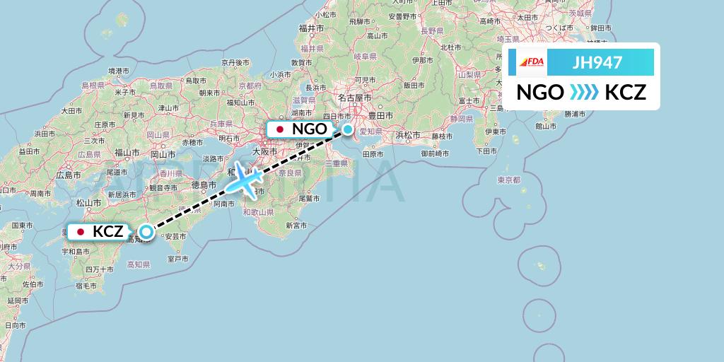 JH947 Fuji Dream Airlines Flight Map: Nagoya to Nankoku