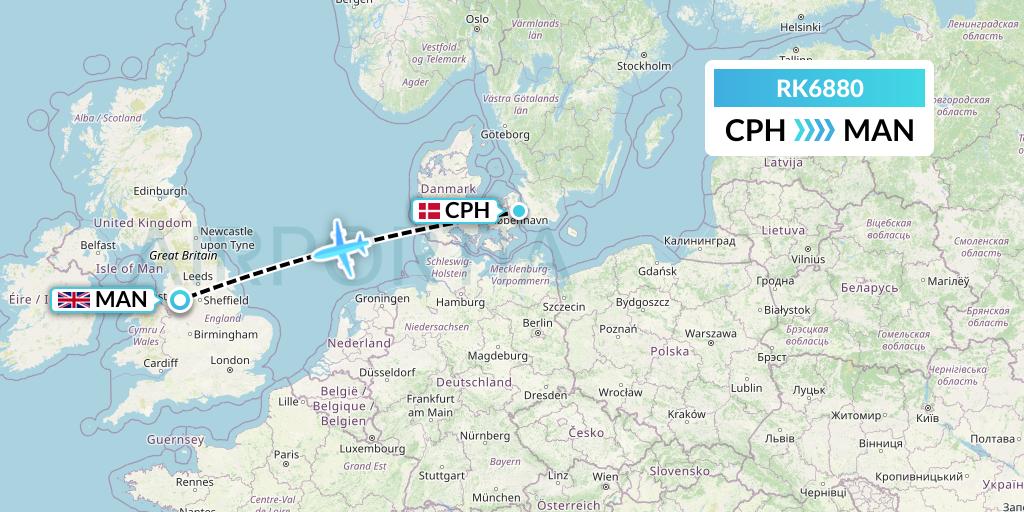 RK6880 Ryanair UK Flight Map: Copenhagen to Manchester
