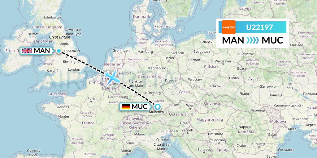 U22197 EasyJet Flight Map: Manchester to Munich