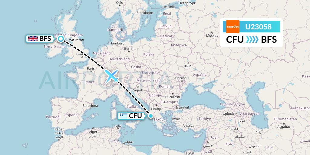 U23058 EasyJet Flight Map: Corfu to Belfast