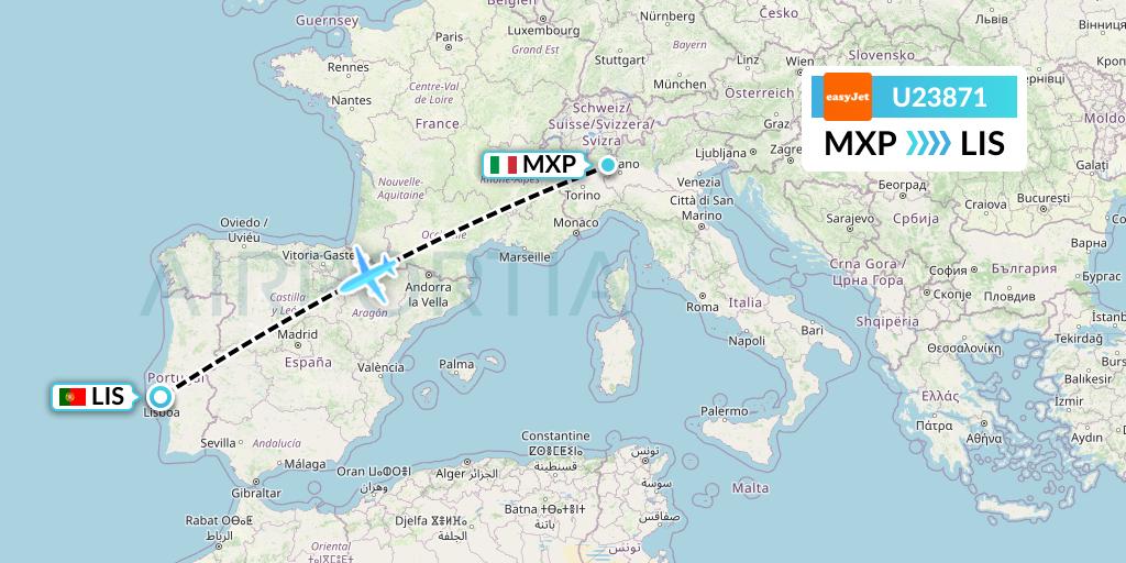U23871 EasyJet Flight Map: Milan to Lisbon
