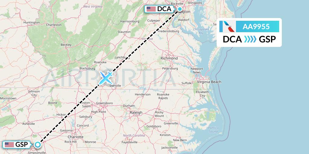 AA9955 American Airlines Flight Map: Washington to Greenville-Spartanburg