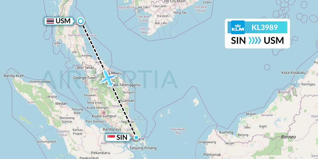 KL3989 KLM Flight Map: Singapore to Koh Samui