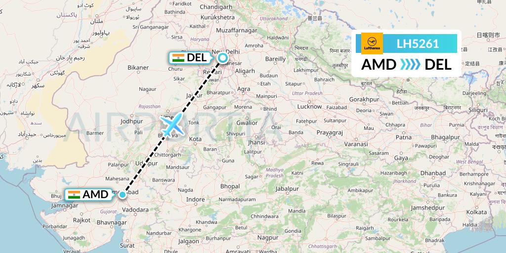 LH5261 Lufthansa Flight Map: Ahmedabad to Delhi