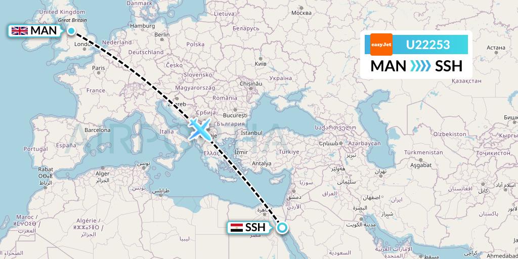 U22253 EasyJet Flight Map: Manchester to Sharm el-Sheikh